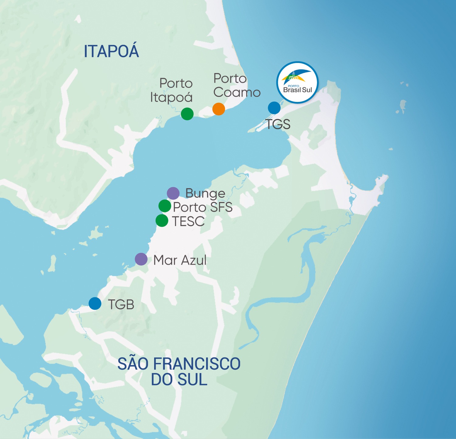 Mapa da Baía da Babitonga, entre Itapoá e São Francisco do Sul, com os terminais portuários e o Porto Brasil Sul na desembocadura da baía