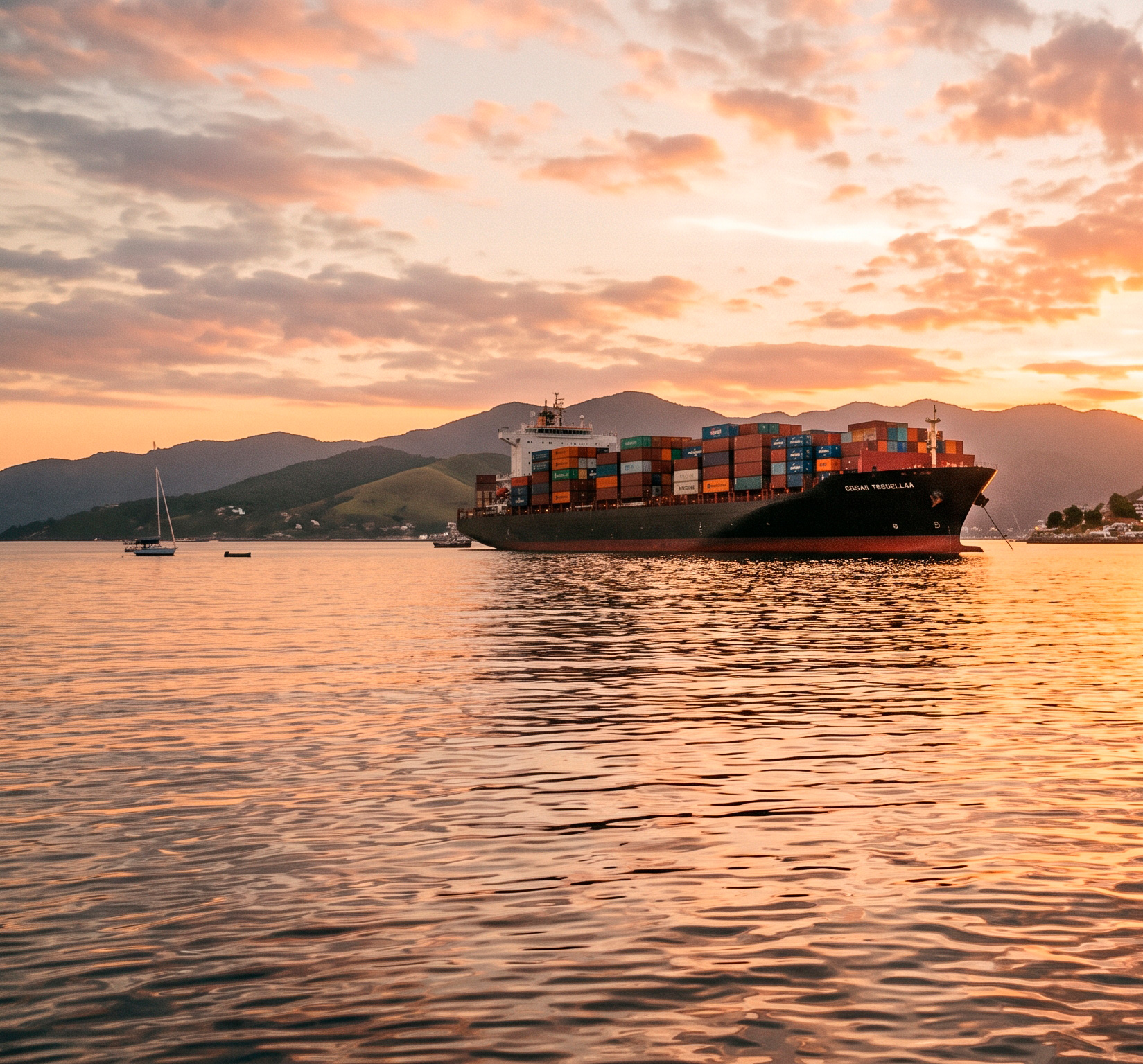 Navio porta-contêineres ancorado na baía ao pôr do sol, com morros ao fundo