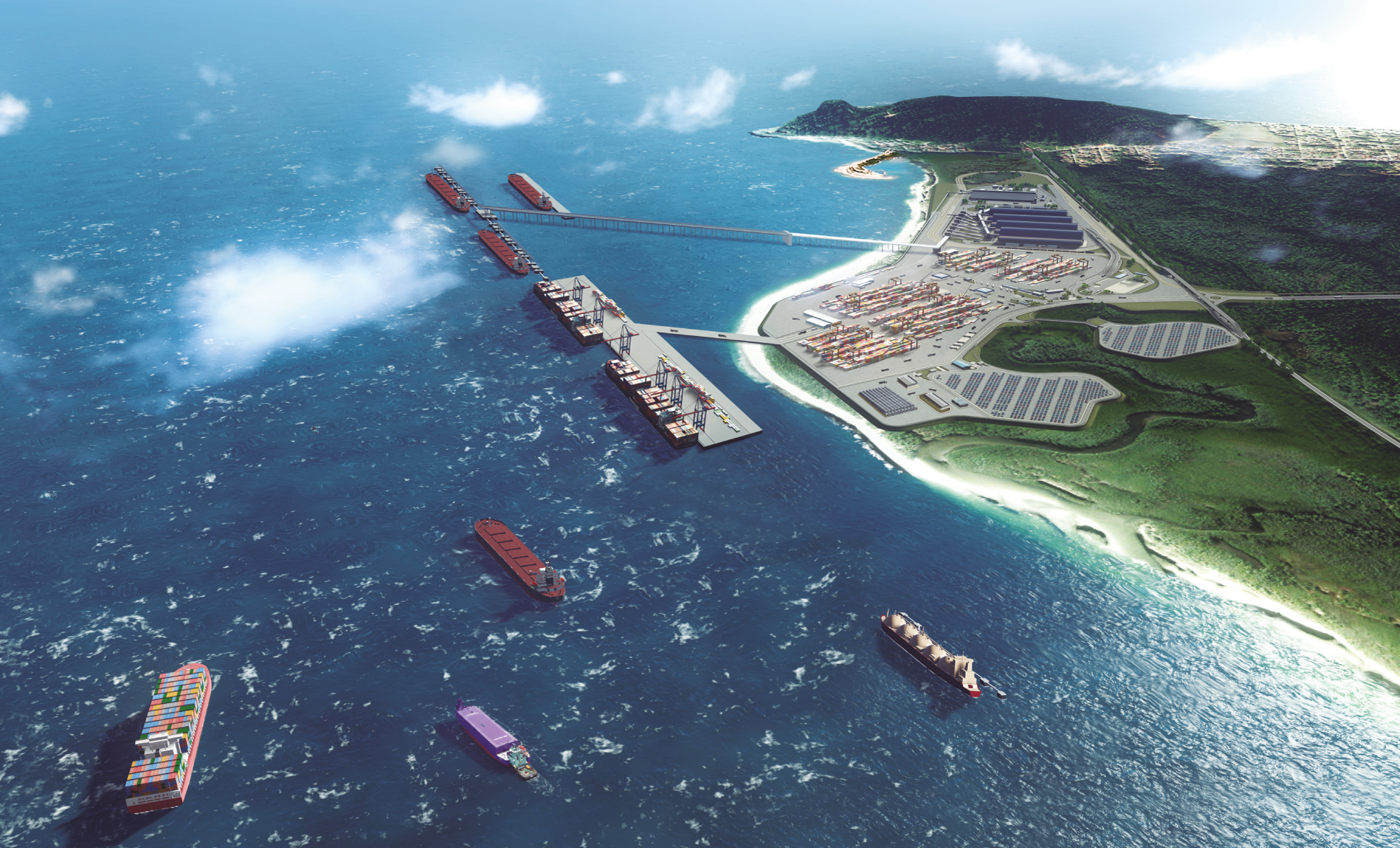Projeção do Porto Brasil Sul na Ponta do Sumidouro, com píeres avançando sobre o mar, navios atracados e pátio de contêineres